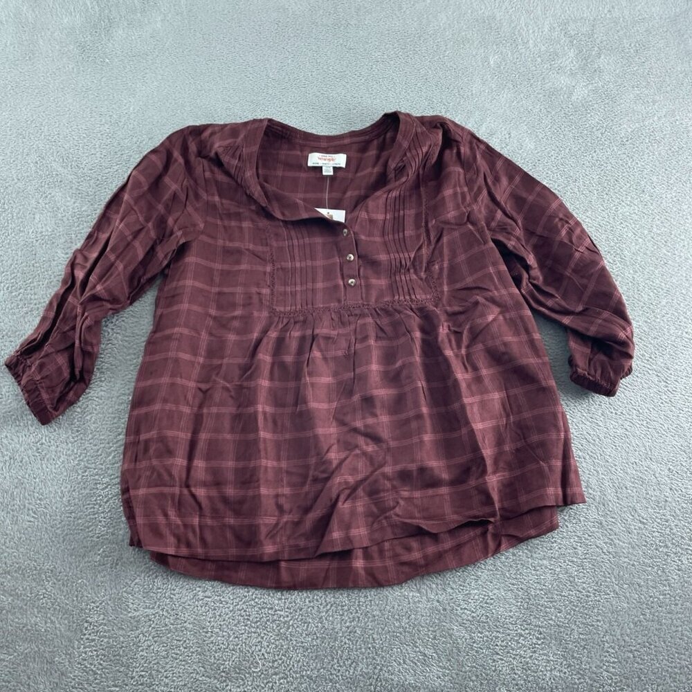Womens Plaid Burgundy Tunic Top By Wrangler L/E/G 3/4 Sleeve Viscose NWT 3711